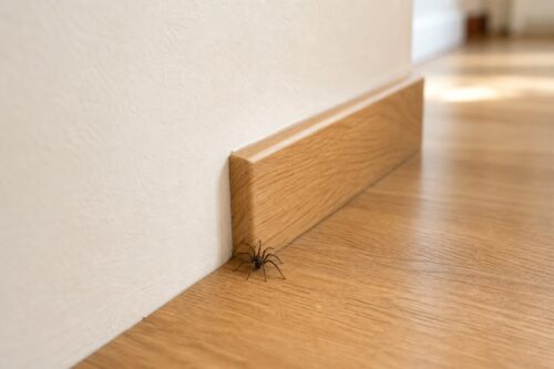 Malý tmavý pavouk v čistém koutě u dřevěné podlahové lišty
