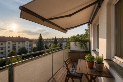 Městský balkon zastíněný markýzou s volným prouděním vzduchu
