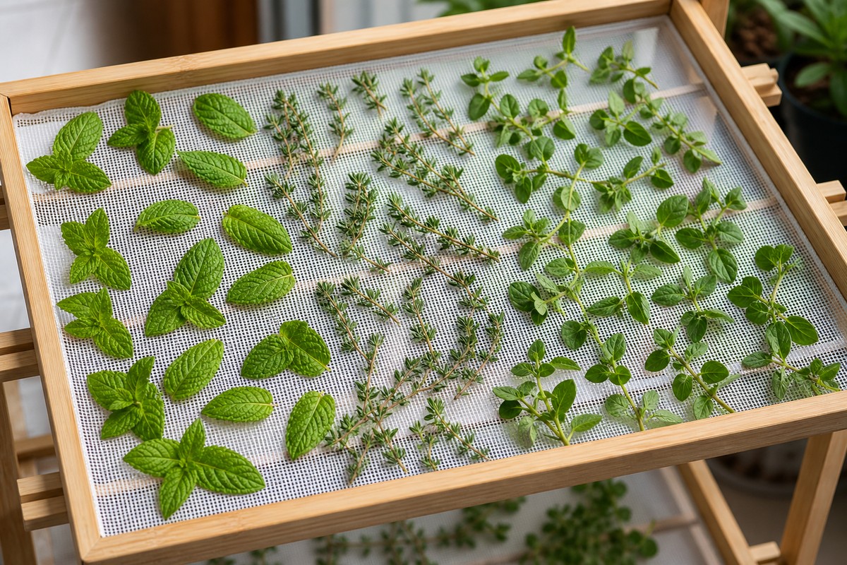 Máta, tymián a oregano rozložené v tenké vrstvě na sušicí síti