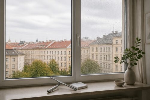Okno ve stínu s čistou a mokrou částí skla, stěrkou a utěrkou na parapetu