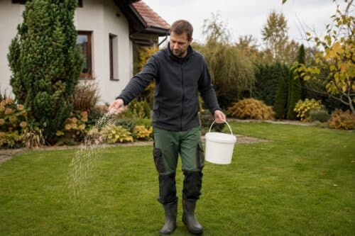 Zahradník rovnoměrně rozhazuje podzimní hnojivo na trávník