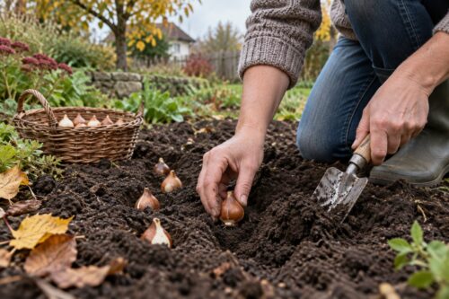 Ruce sázejí tulipánové cibule do kypré půdy v podzimním záhonu